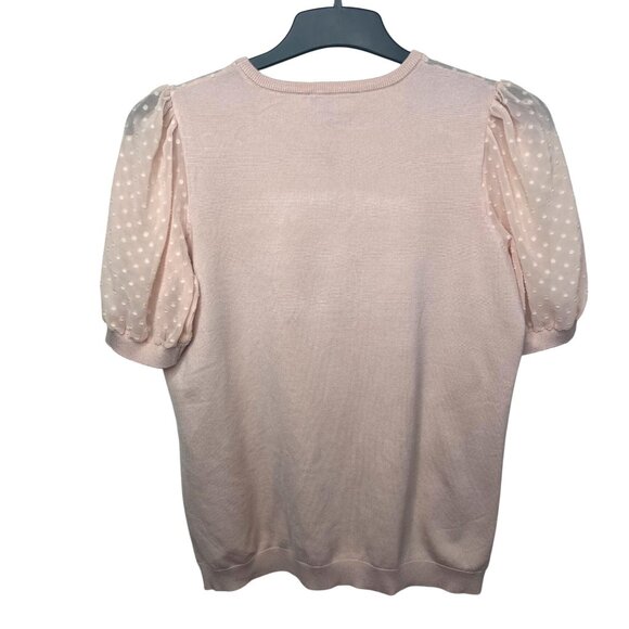 Adrianna Papell Pink Puff Sleeve Sweater Medium With Polka Dot Mesh Details - Picture 2 of 12